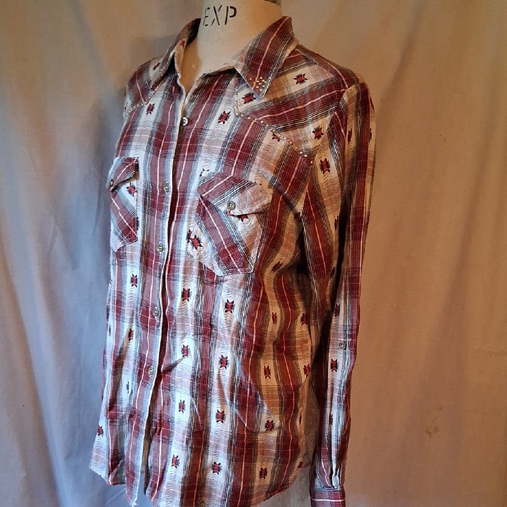Lola P. plaid with gromits and lace cotton shirt- sz L